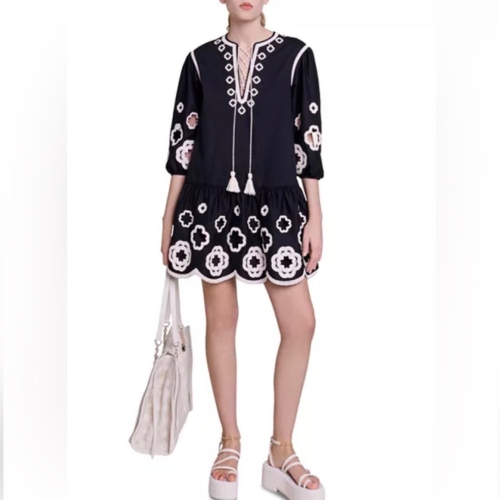 NWT Maje Rilmeraie Crochet Clover Guipure Embroidered Dress—1 detached loop